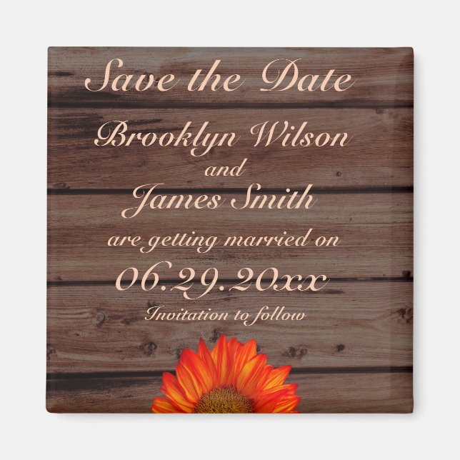 Rustic Wedding Save The Date Magnet Sunflower (Front)