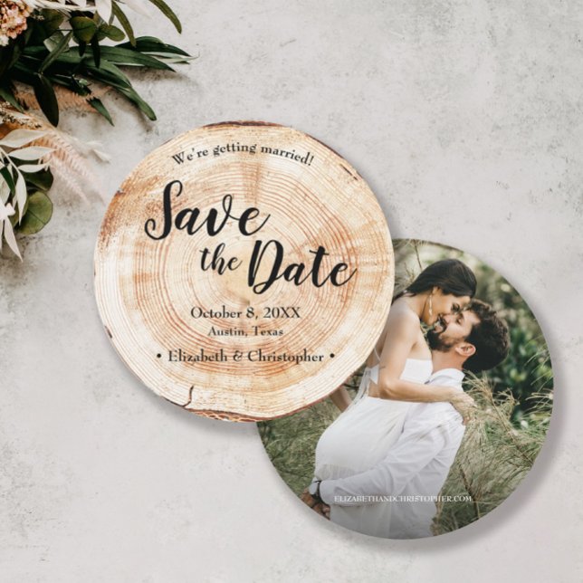 Rustic Wedding Save the date photo Wood Grain Invitation (Rustic Wedding round invitation photo save the dates.)