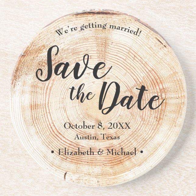 Rustic Wedding Save the date Wood Grain Coaster (Front)