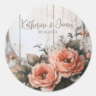 Rustic Wedding Sign with Custom Names and Date Classic Round Sticker