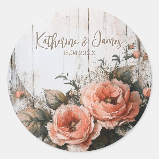 Rustic Wedding Sign with Custom Names and Date Classic Round Sticker (Front)