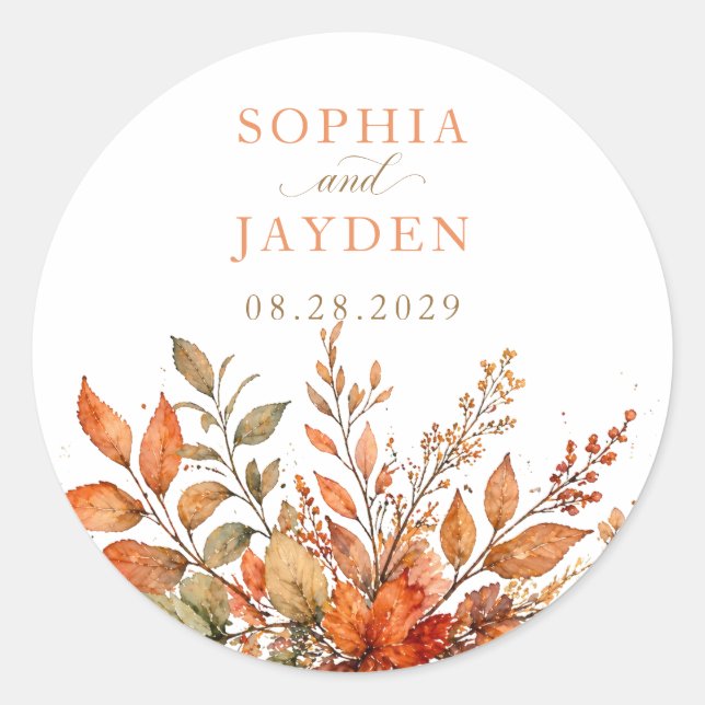 Rustic Wedding Sticker Autumn Leaves Floral Orange (Front)