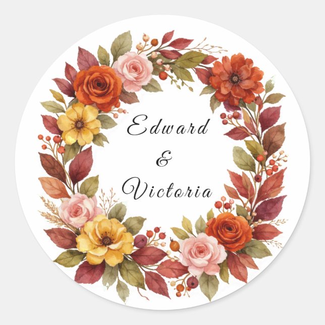 Rustic Wedding Sticker Floral Wreath Autumn Orange (Front)