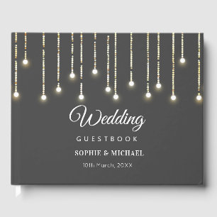 Rustic Wedding String Lights Black White Guest Book