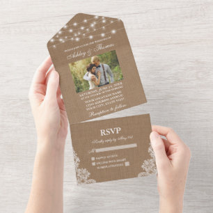 Rustic Wedding String Lights Lace Burlap Photo All In One Invitation