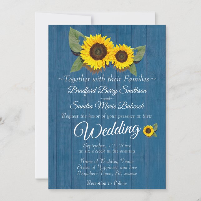 Rustic Wedding Sunflower Blue Wood  Invitation (Front)