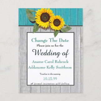 Rustic Wedding Sunflower Teal Grey Wood Chic Announcement Postcard