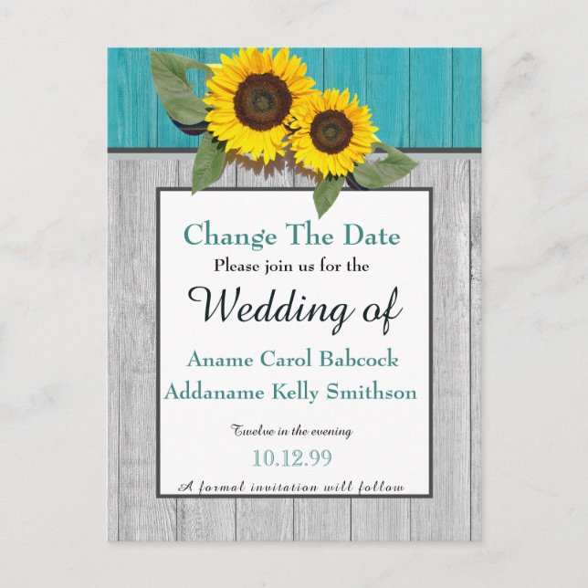 Rustic Wedding  Sunflower Teal Grey Wood Chic Announcement Postcard (Front)