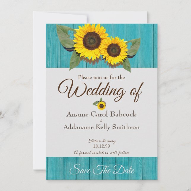 Rustic Wedding  Sunflower Teal Grey Wood Chic Save Save The Date (Front)