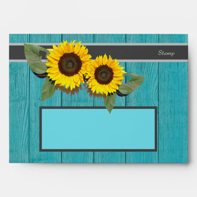 Rustic Wedding  Sunflower Teal Wood Grey Stripe Envelope (Front)