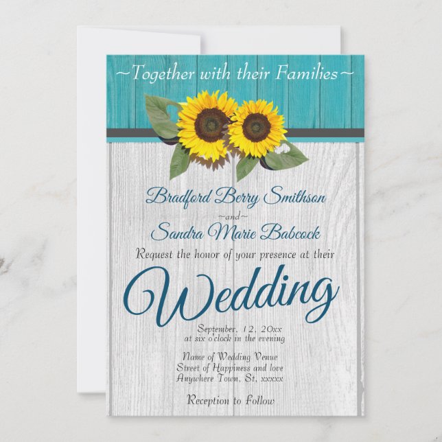 Rustic Wedding  Sunflower Teal Wood Grey Stripe In Invitation (Front)