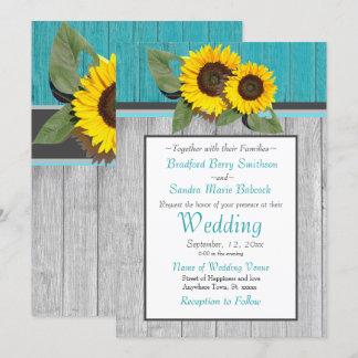 Rustic Wedding Sunflower Teal Wood Grey Stripe Invitation