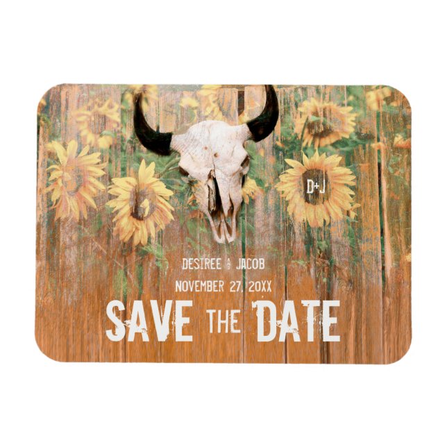 Rustic Wedding Sunflowers Bull Skull Save The Date Magnet (Horizontal)
