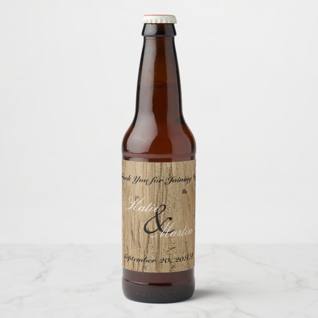 Rustic Wedding Thank You Brown Woodgrain Nature Beer Bottle Label (Front)