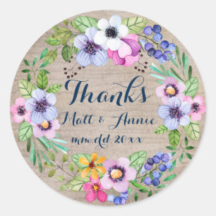 Rustic Wedding Thanks Sticker Watercolor Flowers