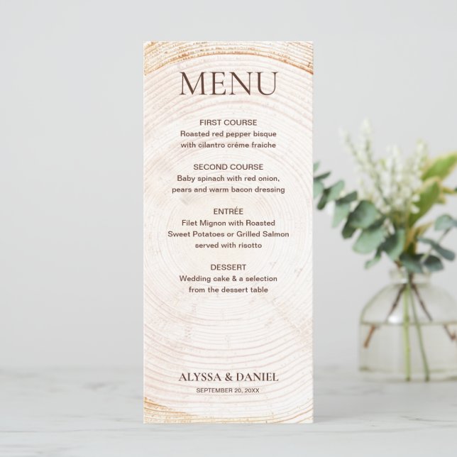 Rustic Wedding Tree rings Wood bark Grain  Menu (Standing Front)