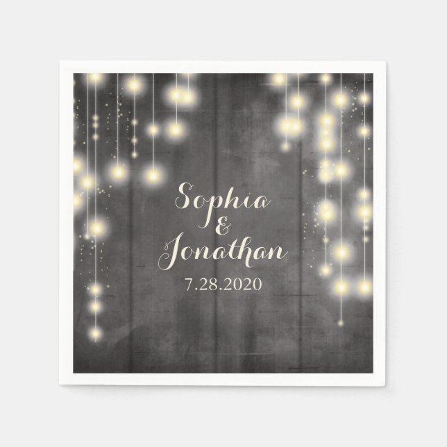 Rustic Wedding Twinkle String Lights Barn Wood Napkin (Front)