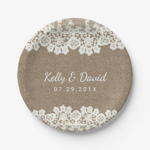 Rustic Wedding Vintage Burlap & White Lace Paper Plate