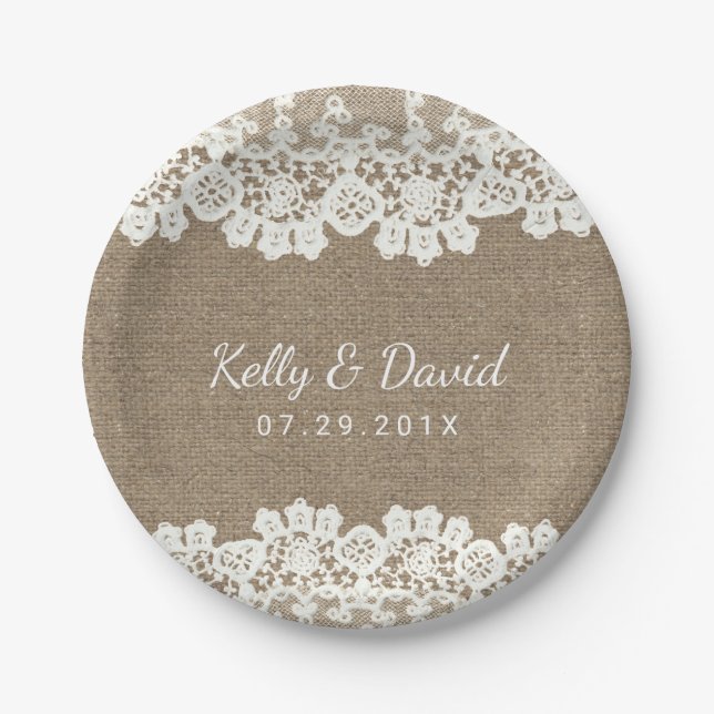 Rustic Wedding Vintage Burlap & White Lace Paper Plate (Front)