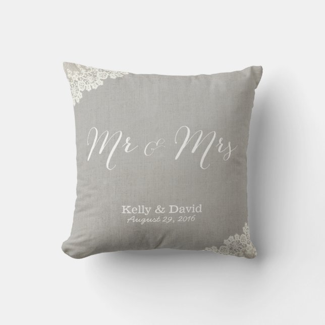 Rustic Wedding Vintage Lace & Linen Mr & Mrs Cushion (Front)