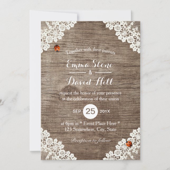 Rustic Wedding Vintage White Lace Ladybugs Invitation (Front)