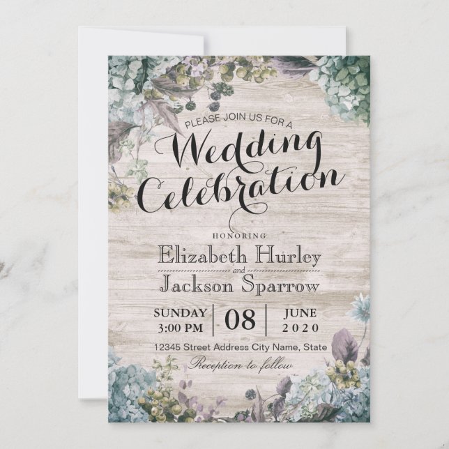 Rustic Wedding Watercolor Botanical Floral & Wood Invitation (Front)