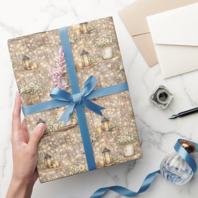 Rustic Wedding Watercolor Lanterns Cake Florals Wrapping Paper (Gifting)