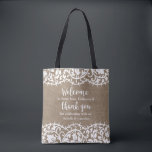 Rustic Wedding Welcome and Thank you Personalised Tote Bag<br><div class="desc">Surprise your out of town hotel guests with this personalised tote bag featuring a vintage lace border set against a rustic faux burlap background. Add your wedding location and the bride and groom's names to the fun script words "Welcome" and "Thank You". Fill with goodies for the weekend - water,...</div>