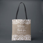 Rustic Wedding Welcome and Thank you Personalised Tote Bag<br><div class="desc">Surprise your out of town hotel guests with this personalised tote bag featuring a vintage lace border set against a rustic faux burlap background. Add your wedding location and the bride and groom's names to the fun script words "Welcome" and "Thank You". Fill with goodies for the weekend - water,...</div>