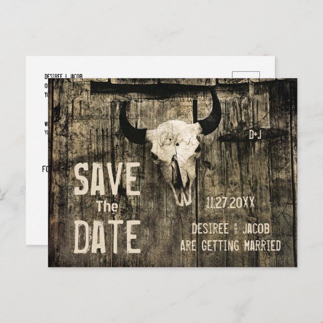 Rustic Wedding Western Cow Skull Save The Date Announcement Postcard (Front/Back)