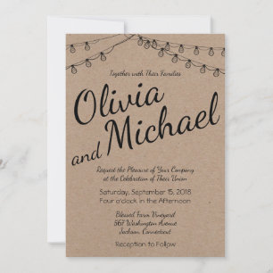 Rustic Wedding with String Lights on Kraft Paper Invitation