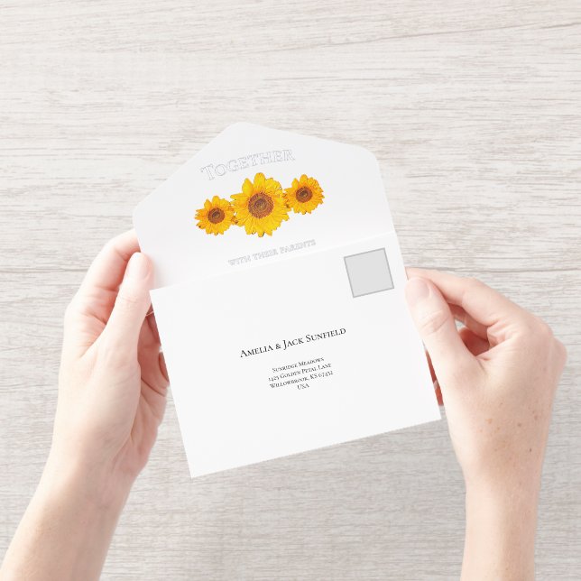 rustic wedding with sunflowers - in cream all in o all in one invitation (Opening)
