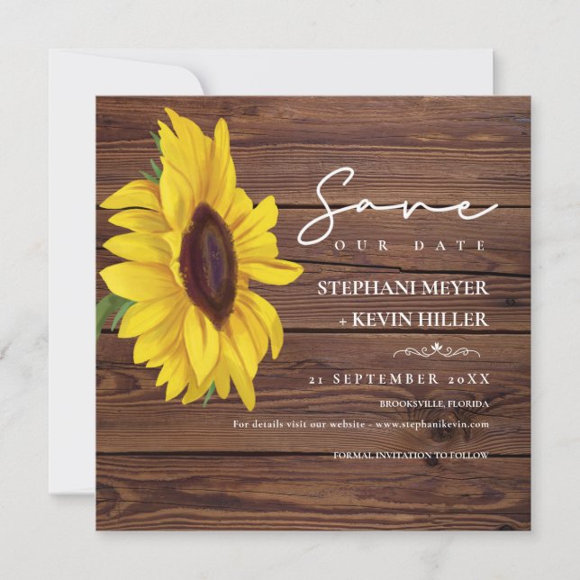 Rustic Wedding Wood Boho Chic Sunflower Save The Date (Front)