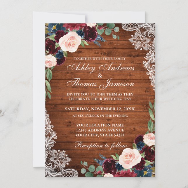 Rustic Wedding Wood Burgundy Blue Floral Invite (Front)