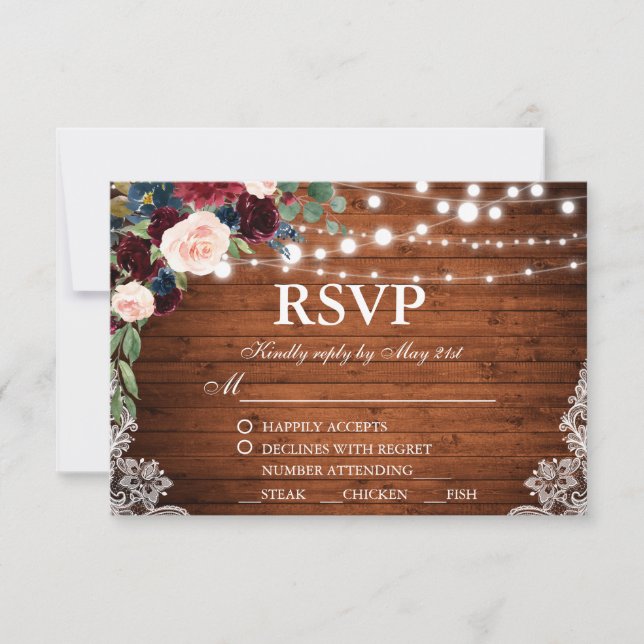Rustic Wedding Wood Burgundy Blue Floral RSVP Meal (Front)