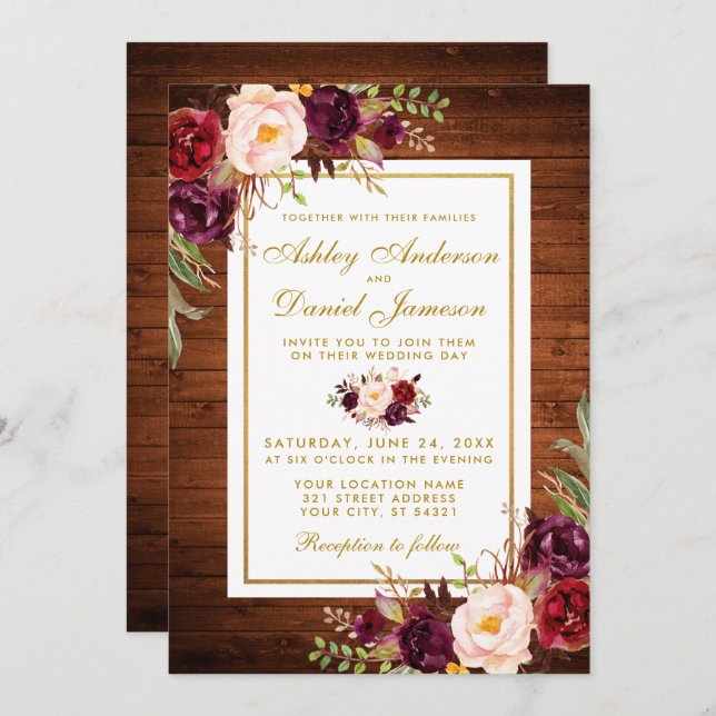 Rustic Wedding Wood Burgundy Floral Wedding Invite (Front/Back)