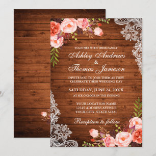 Rustic Wedding Wood Coral Floral Lace Invite