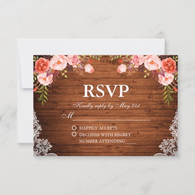 Rustic Wedding Wood Coral Floral Lace RSVP Card (Front)