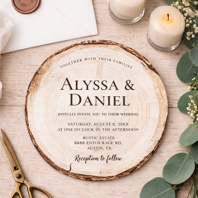 Rustic Wedding Wood Cut Grain Custom Invitation (Rustic Wedding, unique round woodland tree bark invitation.)