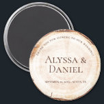 Rustic Wedding Wood Cut Grain Custom Magnet<br><div class="desc">Inspired by the wood cut slab you often see at beautiful, romantic, rustic weddings, I wanted to design a round magnet souvenir imitating the wood slice, showing off the tree rings. Customise the bride and groom names, wedding date, location. "Thank you for coming to our wedding" is also editable should...</div>