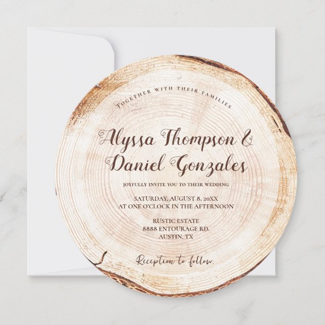 Rustic Wedding Wood Cut Grain Slice Script Names Invitation (Front)