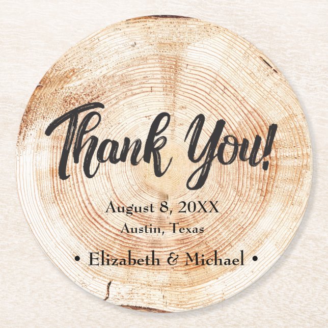 Rustic Wedding Wood Cut Thank You favour Round Paper Coaster (Front)