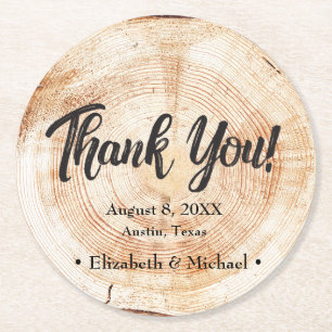 Rustic Wedding Wood Cut Thank You Round Paper Coaster