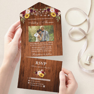 Rustic Wedding Wood Floral Lights Photo All In One Invitation