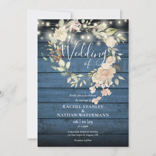 Rustic Wedding Wood Floral String Lights Monogram Invitation (Front)