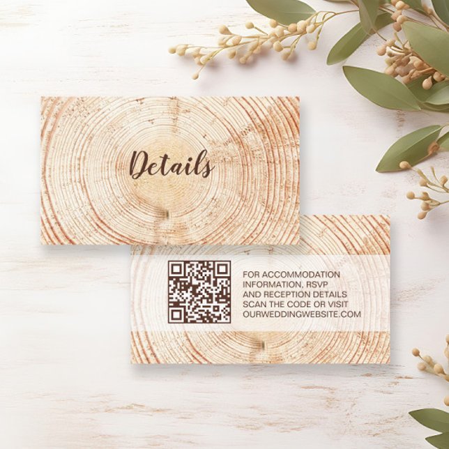Rustic Wedding Wood Grain Details QR code Custom Enclosure Card (Details enclosure card with wedding website QR code, wood texture background.)