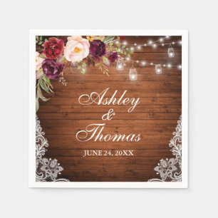 Rustic Wedding Wood Jar Lights Floral Lace Napkin