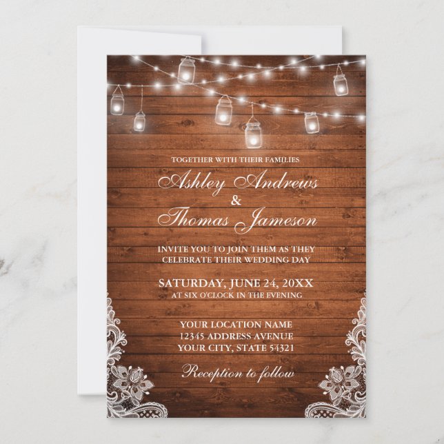 Rustic Wedding Wood Jar String Lights Lace Invitation (Front)
