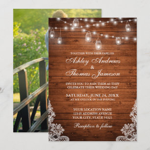 Rustic Wedding Wood Jar String Lights Lace Photo Invitation