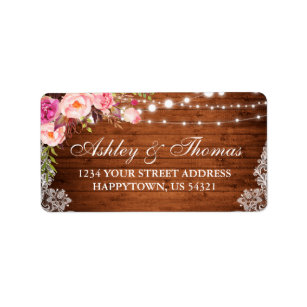 Rustic Wedding Wood Lace Lights Floral Address Label